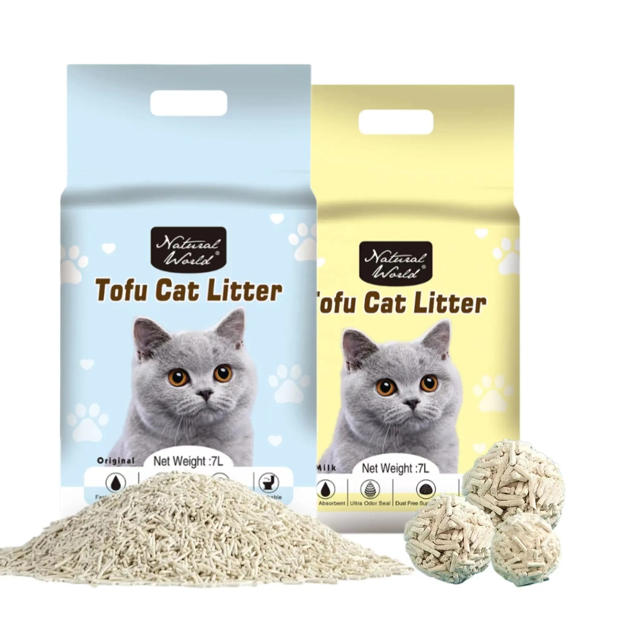 Pemasok kotoran kucing Cina OEM/ODM gumpalan bersih jumlah besar dapat dibuang tahu campuran Zeolite tahu kotoran kucing pasir