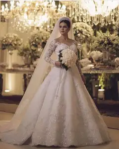 맞춤형 플러스 사이즈 긴 소매 V 넥 볼 가운 페르시 아플리케 2022 패션 신부 웨딩 드레스