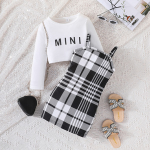 Top europeo e americano nuovo Design da ragazza con scritta a maniche lunghe Plaid abito Spaghetti in due pezzi alla moda Set Casual per bambini - Product Image 4