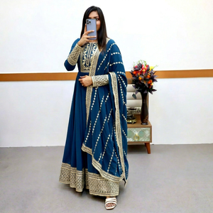 Traje Anarkali Azul Bordado para Mujer, Ropa India y Pakistaní, Georgette Fox, Conjunto de Manga Larga para Boda, Graduación, Fiesta, Festividades - Product Image 1