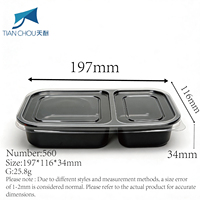 Conteneur alimentaire jetable en plastique à 2 compartiments, base noire, couvercle transparent, micro-ondable, boîte à bento, prix de gros usine