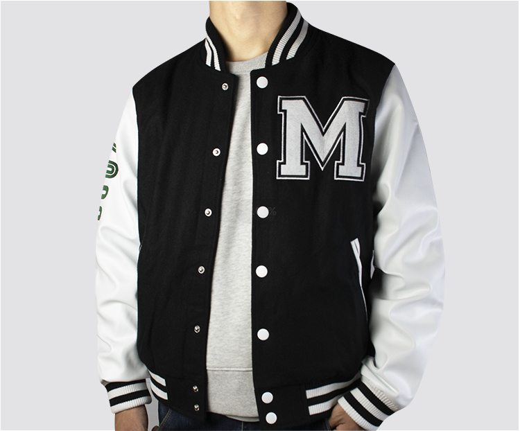 Buy Grey Wool Varsity Jacket with White Leather Sleeves