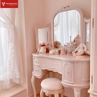 Table de toilette vintage française en bois massif rose, table de maquillage de luxe sculptée pour chambre à coucher, coiffeuse style princesse avec miroir