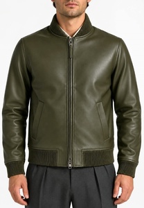 Blouson bomber en cuir vert olive pour homme, col côtelé, fermeture éclair - Product Image 2