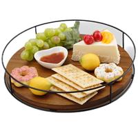 Nouveau plateau de service rond en bois d'acacia écologique classique avec plateau roulant et support à gâteau rotatif, vaisselle et assiettes