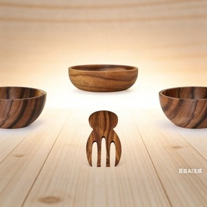 ชุดชามไม้กระถินณรงค์สไตล์ญี่ปุ่น 3 ขนาด พร้อมส้อมไม้ สำหรับเสิร์ฟสลัด ผลไม้ ภาชนะบนโต๊ะอาหาร ดีไซน์เรียบง่าย ทำจากไม้เนื้อแข็ง - Product Image 3