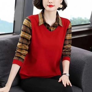 Women's Plus Size Long Sleeve <b>Patchwork</b> T-<b>Shirt</b> V-Neck Loose Fit Autumn Mother Wear Green Plaid Polo Collar Top - Product Image 2