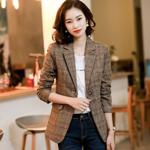 Women's Plaid Blazer Coffee Color Long Sleeve Anti-Wrinkle Casual Wear - Product Image 3