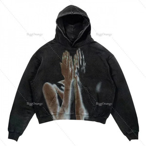 เสื้อฮู้ดดี้ยูนิเซ็กซ์แบบสั่งทำพิเศษ ผ้าโพลีเอสเตอร์ 400 กรัม สีเทาฟอกทรงบ็อกซี่ พิมพ์ลายพัฟ ผ้าเฟรนช์เทอร์รี่ ทรงโอเวอร์ไซส์ สวมใส่สบาย ระบายอากาศได้ดี มีกระเป๋า - Product Image 2