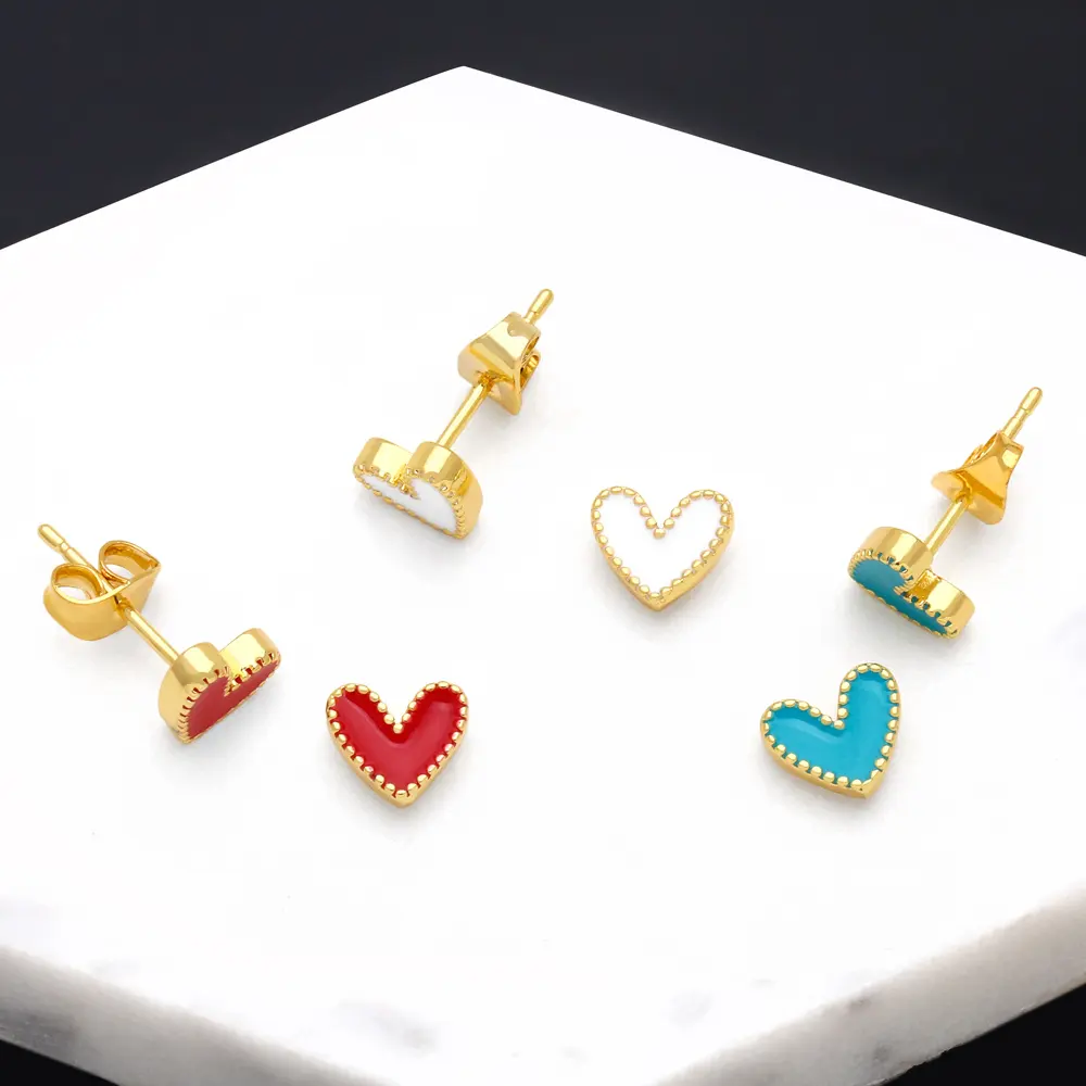 New Korean 18K Gold Plated Copper Colorful Enamel Mini Heart Stud Earrings Women Girls Lovely Earring Valentine's Day Gifts