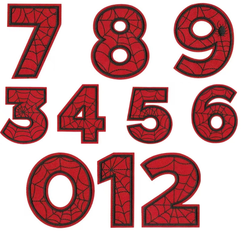 Digital Embroidery Iron-On Spider Web Number Patches Sticker Cartoon Red Felt Fabric for Garments and Hats PU Plastic