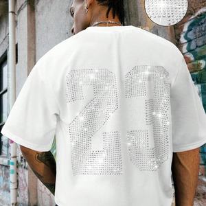 Camiseta de algodón 100% de 220 g de alta calidad para hombre, con logo personalizado de pedrería, cuello redondo, oversize - Product Image 2