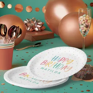 מסיבת יום הולדת שמח צלחות נייר חד פעמיות קישוט שולחן עבודה בהתאמה אישית צבעוני קשת מנוקדת צלחות נייר ציוד למסיבה