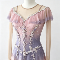 Robe de patinage artistique rose et violette dégradée avec strass, volants et maille, pour femmes et filles