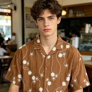 Camisa Casual de Lino/Algodón Marrón para Hombre, con Bordado Floral Jacquard, Tejido Transpirable de Secado Rápido para Verano, Superventas - Product Image 3