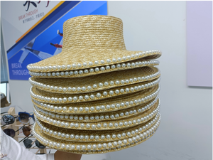 Chapeau de soleil en paille pour femmes avec décoration en perles 2023, chapeau plat de style jazz, fedora, panama, chapeau de plage à lanière courte - Product Image 3