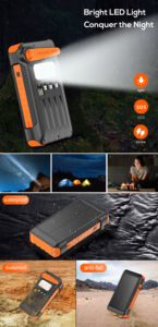 Banque d'alimentation solaire 10000mAh <span class=keywords><strong>Chargeur</strong></span> <span class=keywords><strong>portable</strong></span> d'urgence Manivelle solaire et <span class=keywords><strong>dynamo</strong></span> avec lumière intégrée et câbles Puissance de sortie 20W - Product Image 6