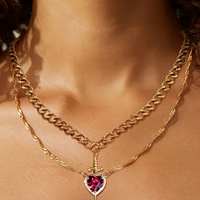 Kalung Liontin Dagger Hati Batu Ruby Merah Halo CZ Rantai Kuba Paduan Logam Warna Emas Perhiasan Wanita Hadiah