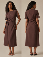 Vestido Midi Cruzado con Cuello Redondo y Manga Corta en Color Chocolate Marrón, Nueva Colección de Verano, Gran Venta en EE. UU. y Australia