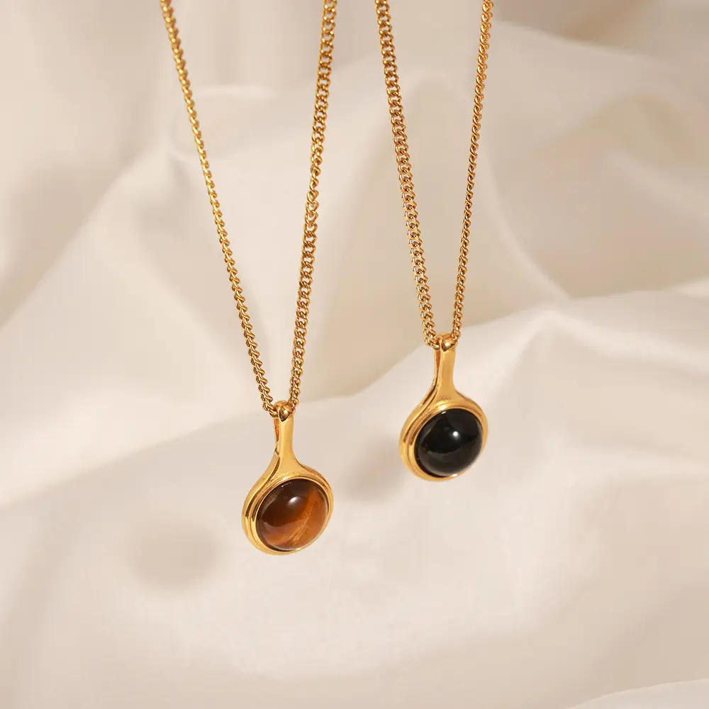 Vintage Hand-Perlen-Kragenketten 18K vergoldete Edelstahlkette schwarze Amber-Agat-Ahängeketten