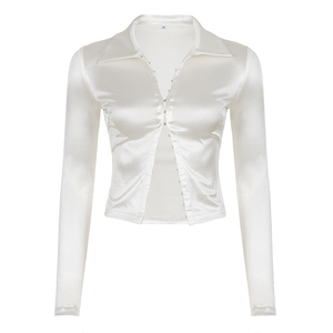 Women's Satin Long Sleeve Crop Top V Neck Slim Fit Blouse Front Zip Casual <b>Y2K</b> Fashion Women's <b>Shirt</b> - Product Image 6