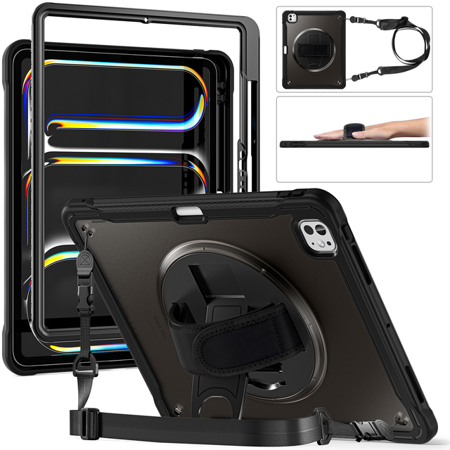 Kickstand Tablet Cases for iPad Pro 13 2024 Kids Friendly Pencil Holder Hand Strap Adjustable Shoulder Strap 360 Rotating Covers