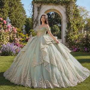 Robe de Quinceañera de luxe vert sauge Mct020 avec appliques en dentelle dorée, corset perlé, robe de bal de princesse à volants superposés Jancember - Product Image 1