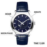 Reloj de pulsera automático Miyota 9015 Moonphase de fabricante OEM, logotipo personalizado, fase lunar grande, esfera azul estrellada, acero y cuero