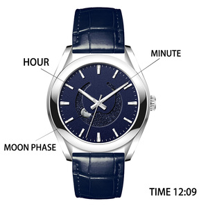 Montre automatique OEM Miyota 9015 avec phase de lune, logo personnalisé, grand cadran bleu étoilé, bracelet en acier et cuir - Product Image 3