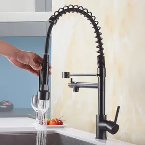 Brass Spring Black Kitchen Faucets With Pull Out Spray Swivel 360 Degree 1 Hole 1 Handle Mixer Water Tap With 2 Spout