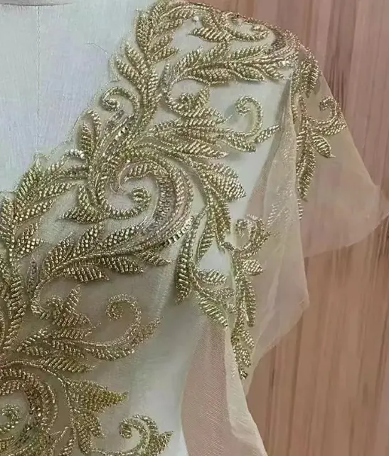 Squisito oro rosa floreale strass paillettes perline pizzo applique foglie modello perline pizzo Trim per abito da sposa