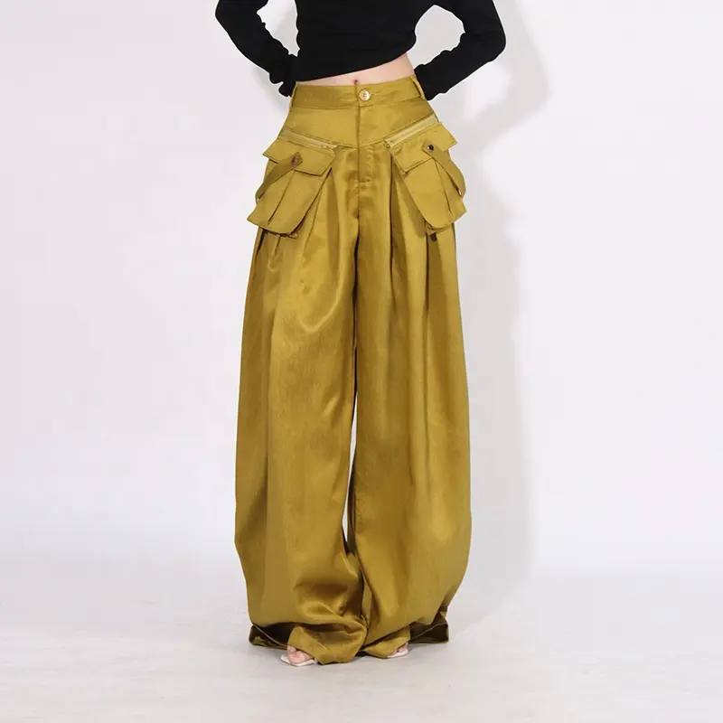 Bettergirl 2023 Autumn Fashionable Loose Casual Trousers Pleated Stitching Zipper Pocket Design Wide Leg Pants Women
