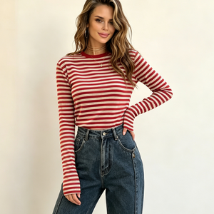 Contraste couleur rayé femmes à manches longues T-<span class=keywords><strong>shirt</strong></span> 2025 automne nouveau décontracté minceur haut court - Product Image 3