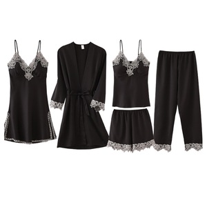Pizzo 5 pz set pigiama da donna in morbida seta con bretelle da notte da donna camicia da notte da donna - Product Image 5