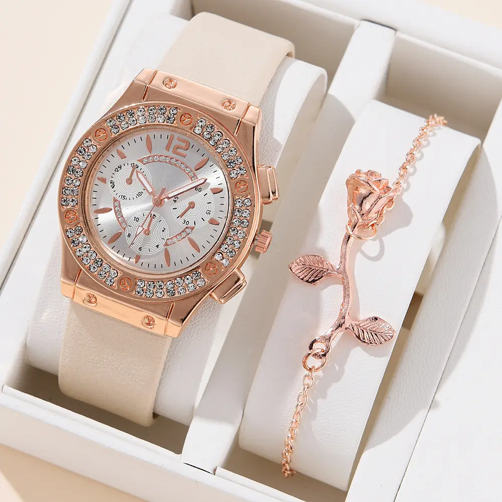 Luxury Rhinestone Women Fashion Elegant Wristwatch With Flower Bracelet Quartz Watch Set For Girl Ladies Clock Relogio Feminino