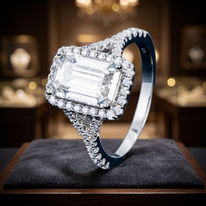 Luxury <b>Emerald</b> Cut Moissanite <b>Ring</b> 925 Sterling <b>Silver</b> Iced Out Halo Engagement <b>Ring</b> - Product Image 2