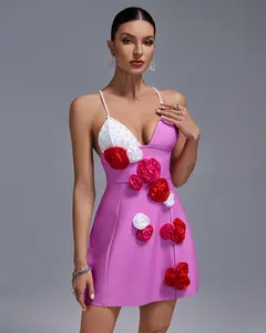 Ocstrade 2024 Spring Ladies Club Dresses Party Dresses 3D Flower Pearls Spaghetti Strap Sexy Bandage Mini Dress Club Party