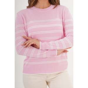 Pull en tricot à col rond rayé rose pour femme, manches longues, décontracté, anti-boulochage, 14 Gg - Product Image 1
