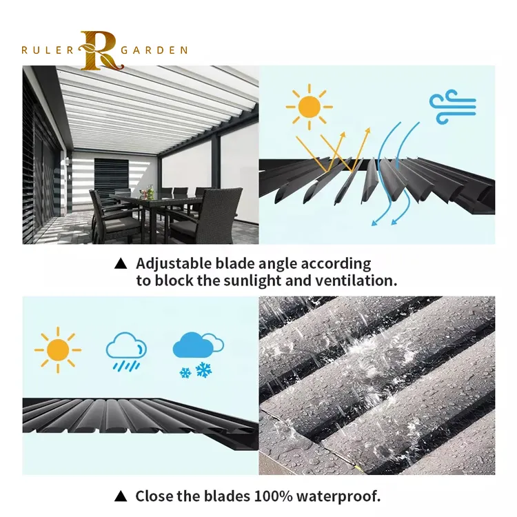 외부 정원 무료 스탠딩 방수 전동 야외 발코니 테라스 금속 캐노피 지붕 pergola 알루미늄 전기 천막