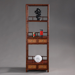 Chinese Retro Style Bamboo Shelving <b>Bookcase</b> Red <b>Wood</b> Display Cabinet For Tea Room Living Room Bedroom Office - Product Image 5