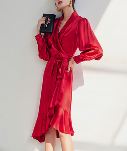 2024 nuovo Design Casual da donna in <span class=keywords><strong>raso</strong></span> manica lunga a sbuffo con collo a V irregolare abito da sera lungo in seta - Product Image 2