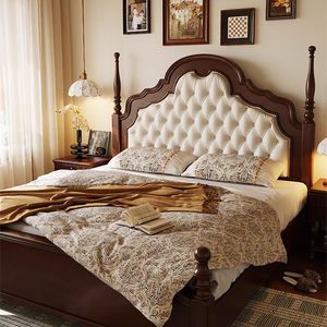 French Retro Wooden Bed Mahogany <b>Poster</b> Soft Headboard Double Size Bedroom Furniture - Product Image 1