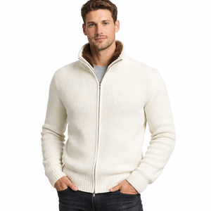 Veste en cachemire et laine pour homme à double <span class=keywords><strong>fermeture</strong></span> éclair en gris foncé, pull bomber en tricot côtelé avec col en fausse fourrure pour vêtements d'extérieur d'hiver de luxe - Product Image 2