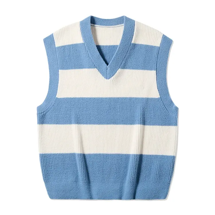 OEM Custom Knitted Vest Sweater V Neck Stylish Stripes Style Jacquard White Blue Colors Fall Winter Men's Knit Sweater