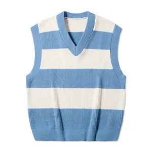 OEM 주문 뜨개질을 한 조끼 스웨터 V 목 유행 줄무늬 작풍 자카드 직물 백색 파란 색깔 가을 겨울 남자의 니트 스웨터