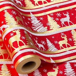 Yarcony Christmas Wrapping <b>Paper</b> Roll 17 In X 33 Ft Red Gold Reindeer Tree Design Double Side Eco Friendly Gift Craft Packaging - Product Image 1