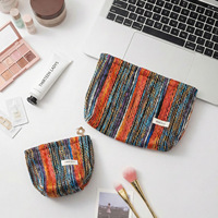 Dompet Clutch Kanvas Bergaris Warna-Warni dengan Ritsleting; Tas Makeup Rajut Vintage Bohemian, Kantong Organizer Perawatan Kulit