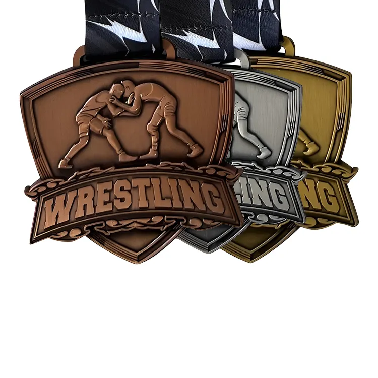 Großhandel römische Wrestling-Medaillen Gold-Silber-Farbmedal und Druck Sport-Wrestling-Medaille mit Band