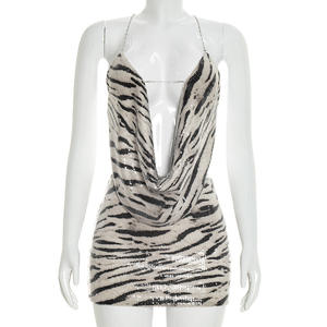 Viviblook D26ST050 Ensemble d'été pour femmes, imprimé zèbre, paillettes, débardeur dos nu, jupe mini moulante, ensemble deux pièces - Product Image 3