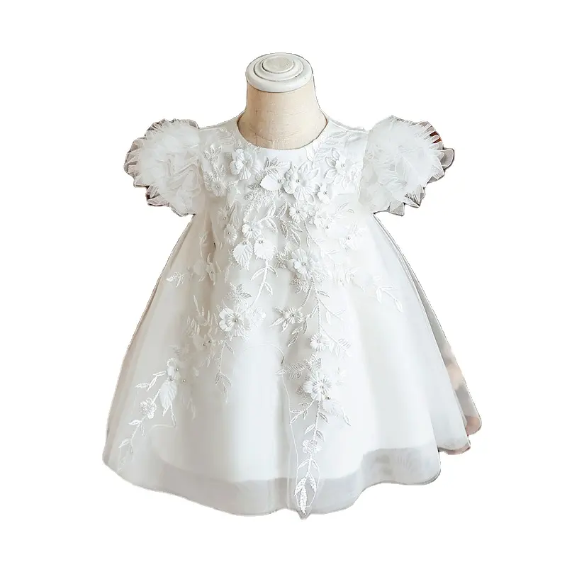 Baby Girl's Off White Satin Baptism Dress with Lovely Lace and Sash Bow for Christening and 1st Birthday Summer Season